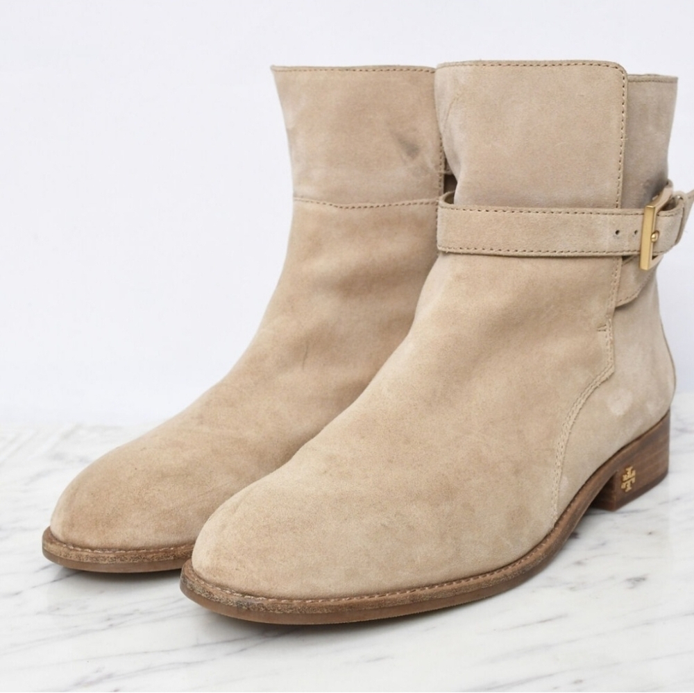 10m Tory Burch Brooke Ankle Bootie Beige Suede Moto Boots Womens